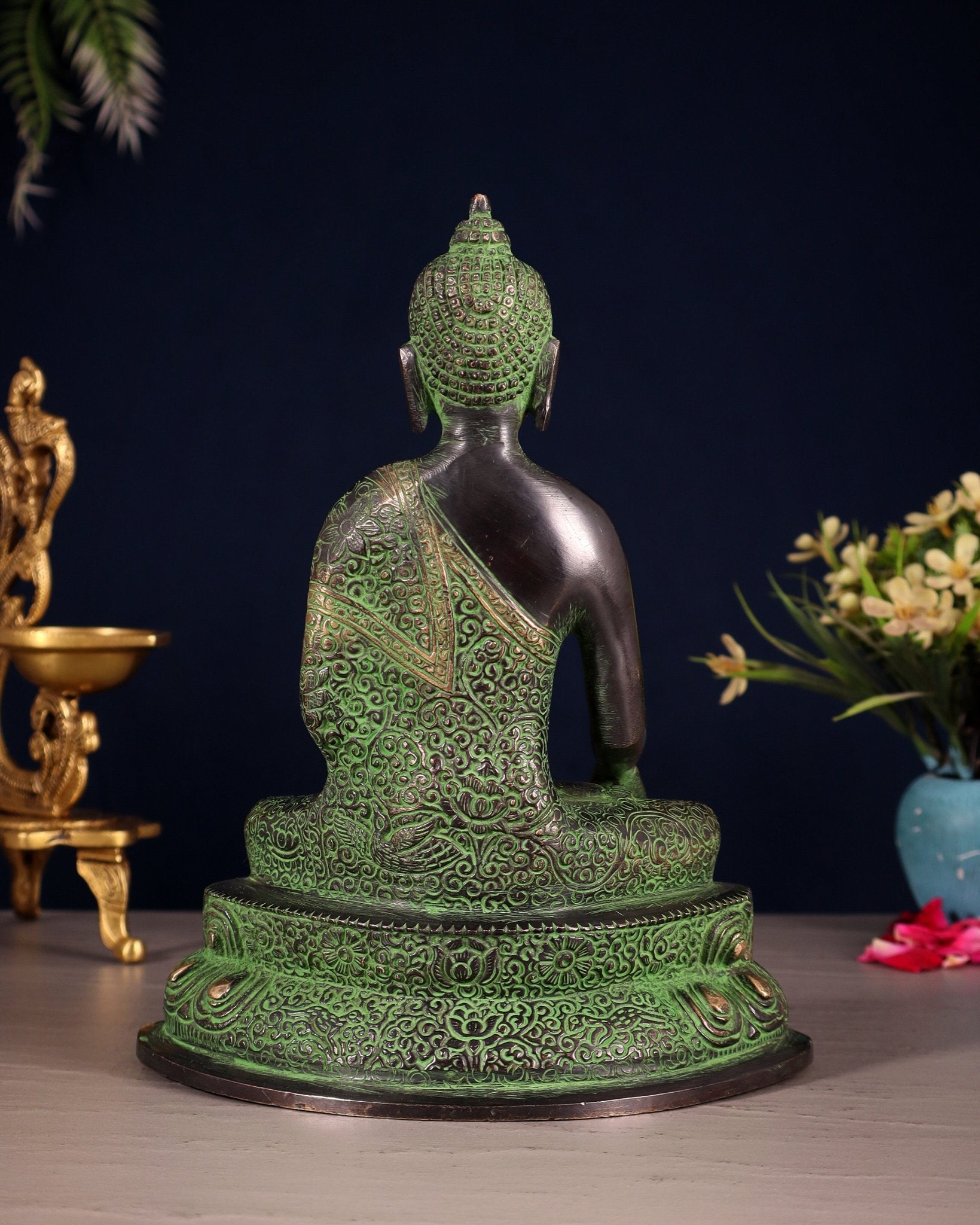 Pure Brass Nirvana Buddha with Carvings – Black & Green Tone | 9" - Budhshiv.com
