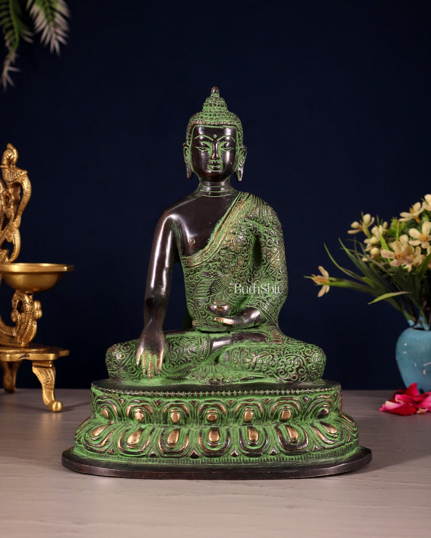 Pure Brass Nirvana Buddha with Carvings – Black & Green Tone | 9" - Budhshiv.com