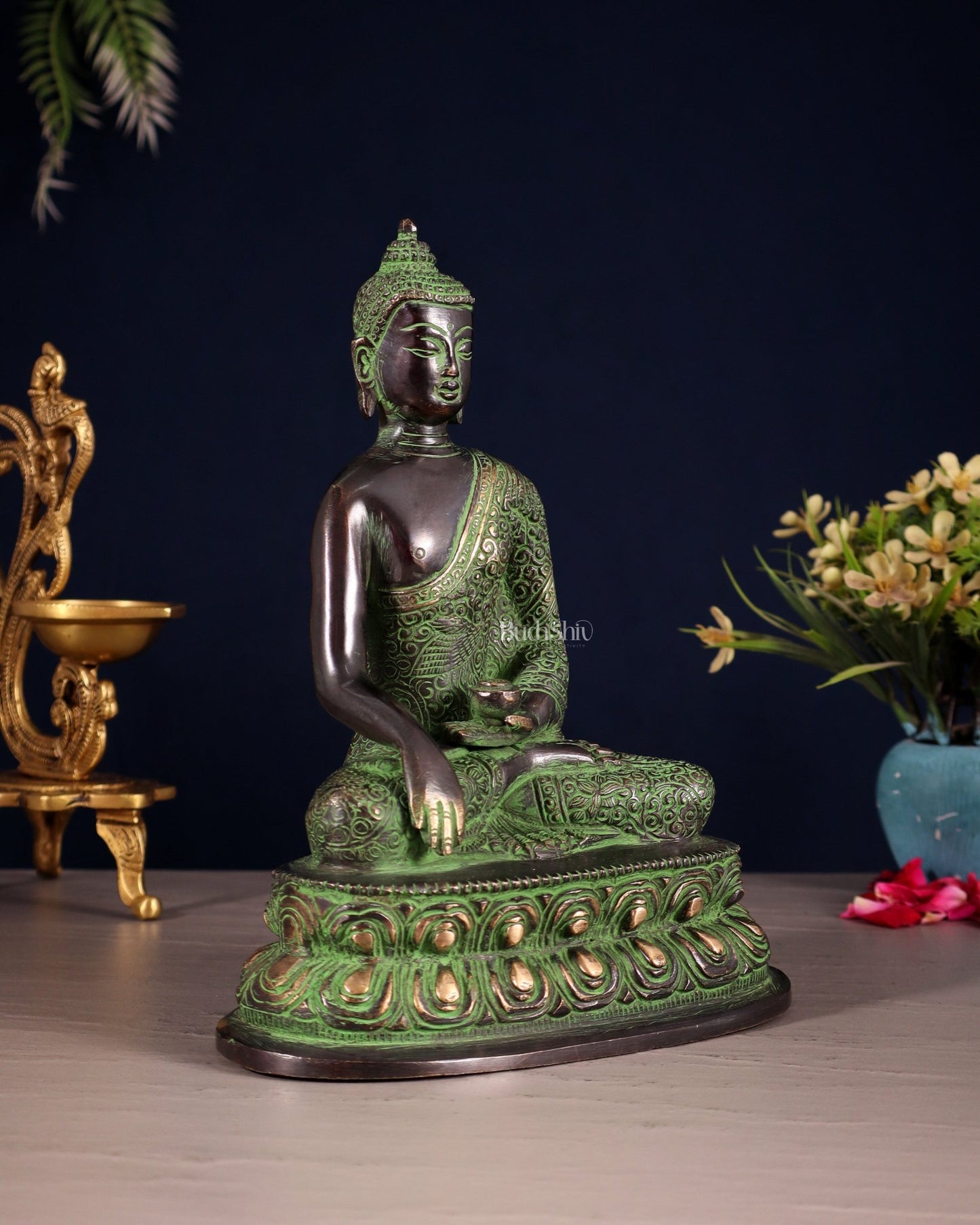 Pure Brass Nirvana Buddha with Carvings – Black & Green Tone | 9" - Budhshiv.com