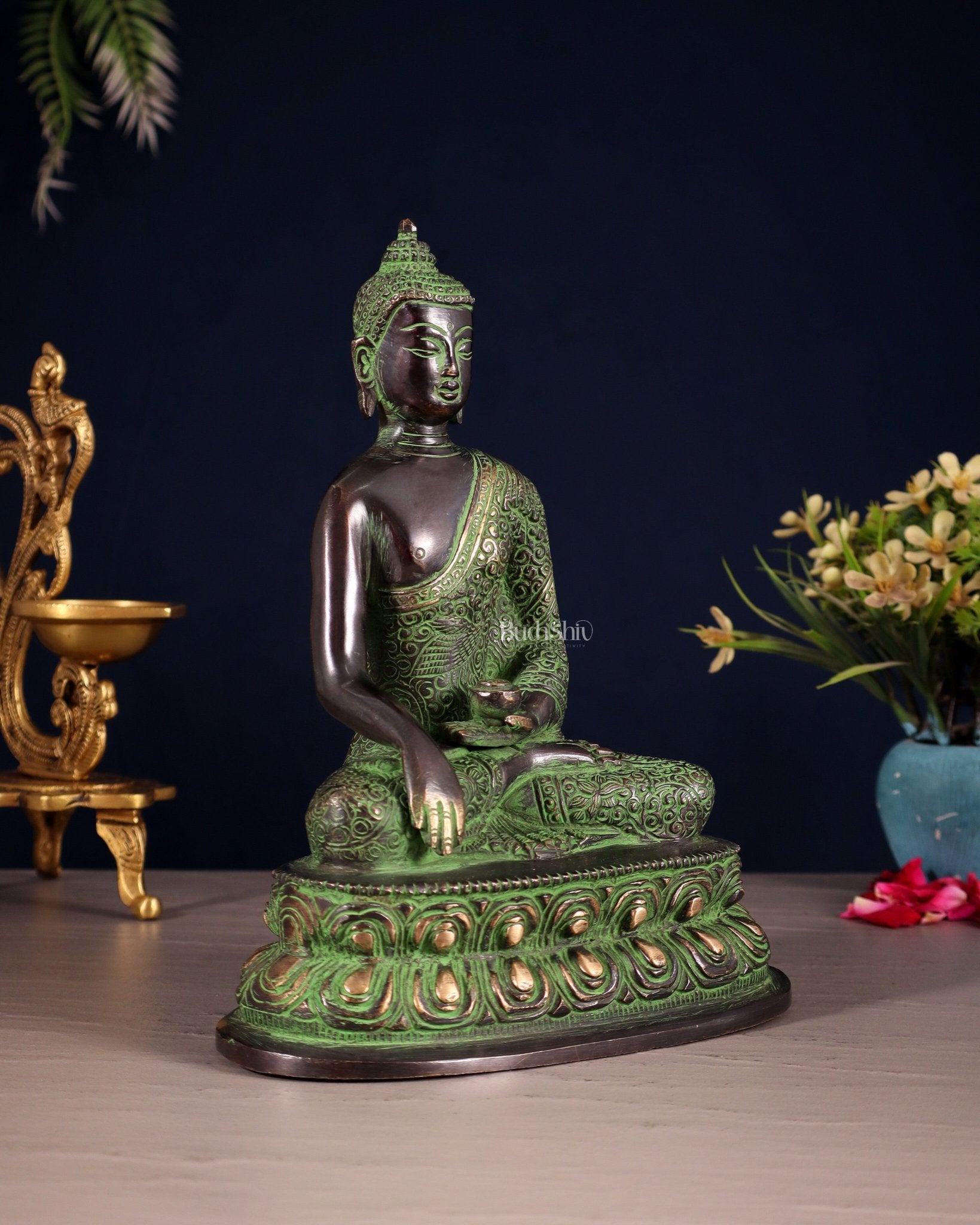 Pure Brass Nirvana Buddha with Carvings – Black & Green Tone | 9" - Budhshiv.com