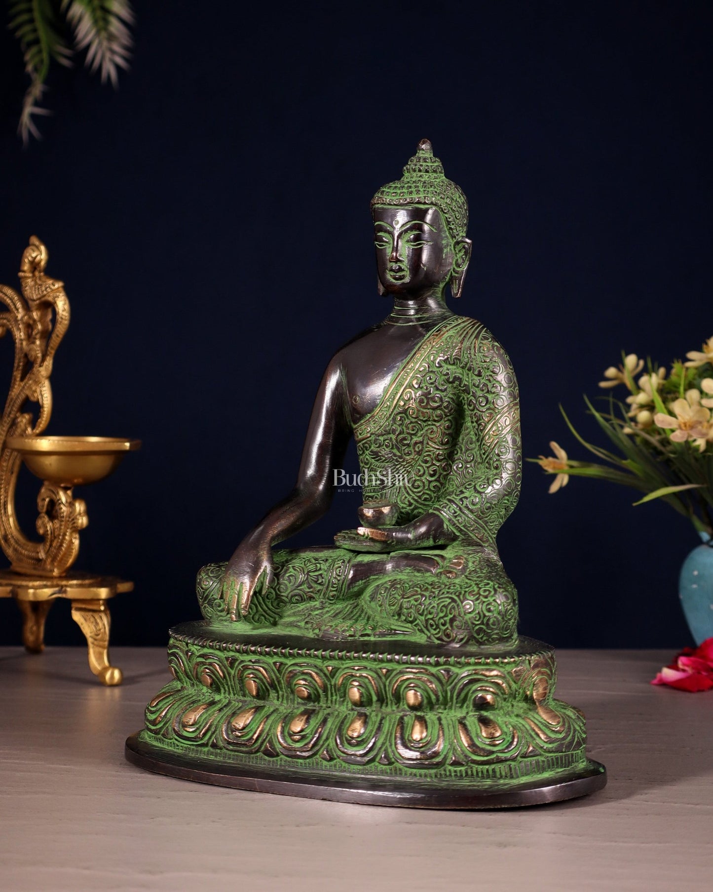 Pure Brass Nirvana Buddha with Carvings – Black & Green Tone | 9" - Budhshiv.com