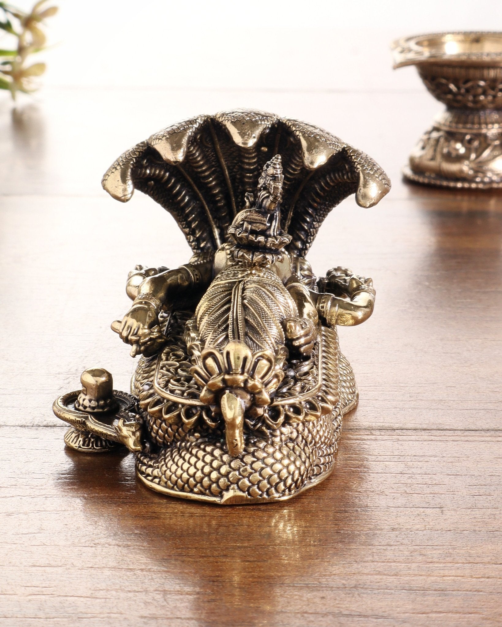Pure Brass Padmanabhan Swamy Idol with Brahma & Shiva Lingam 4" - Budhshiv.com