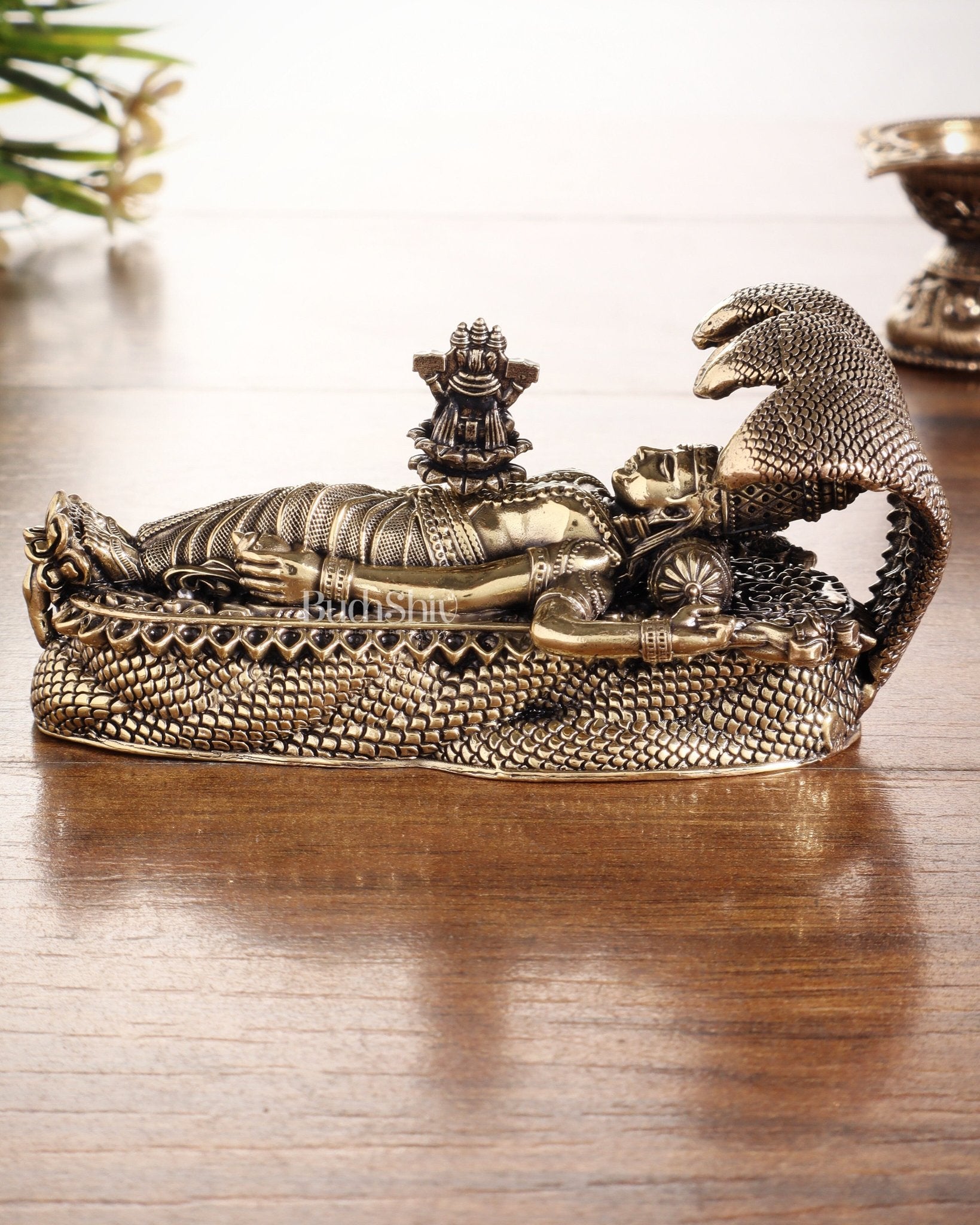 Pure Brass Padmanabhan Swamy Idol with Brahma & Shiva Lingam 4" - Budhshiv.com