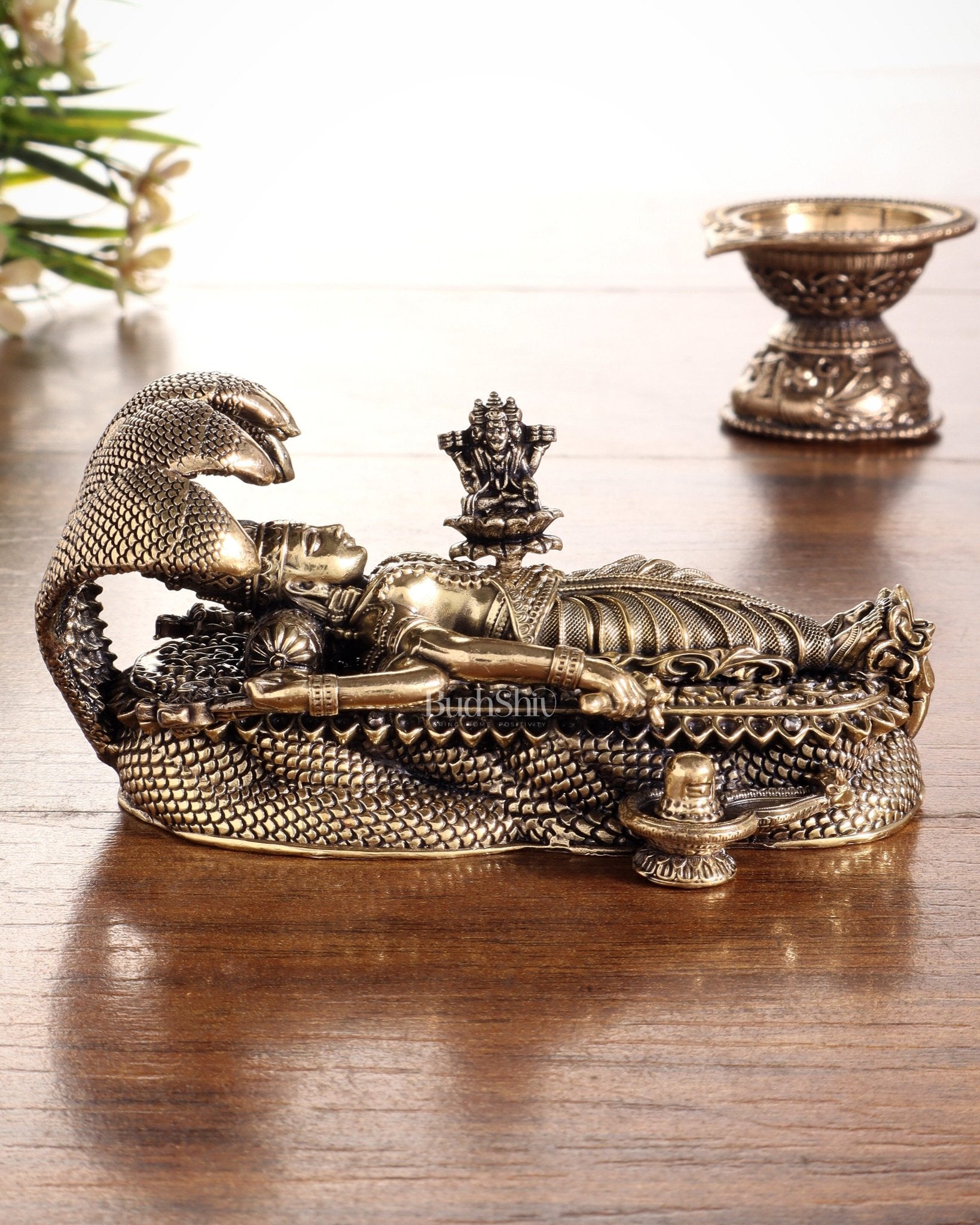Pure Brass Padmanabhan Swamy Idol with Brahma & Shiva Lingam 4" - Budhshiv.com