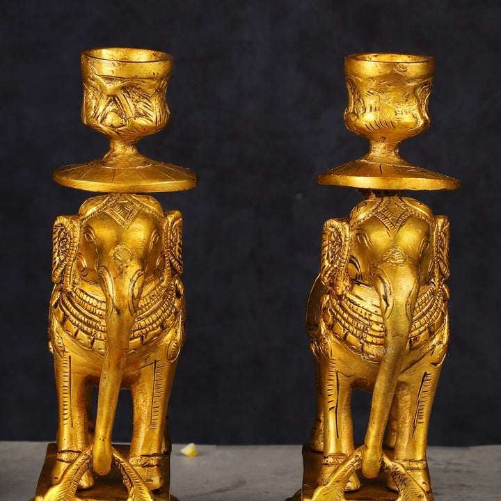 Pure Brass Pair of Elephant Candle Holders - Budhshiv.com