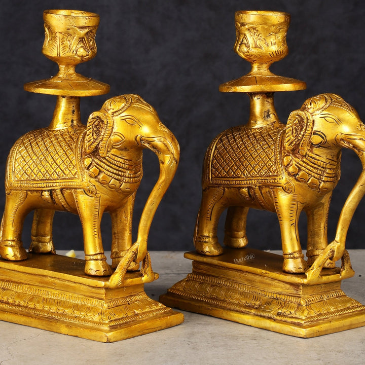 Pure Brass Pair of Elephant Candle Holders - Budhshiv.com