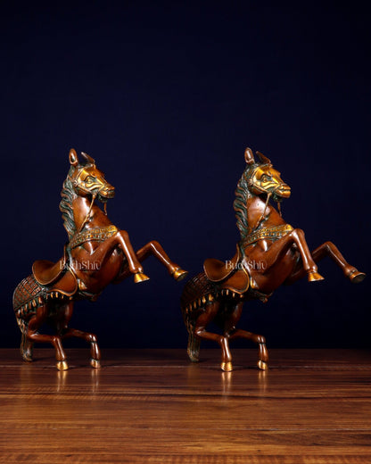 Pure Brass Pair of Horses with Raised Legs – Vintage Tone 11.5 inch each - Budhshiv.com