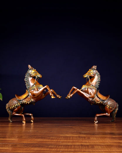 Pure Brass Pair of Horses with Raised Legs – Vintage Tone 11.5 inch each - Budhshiv.com