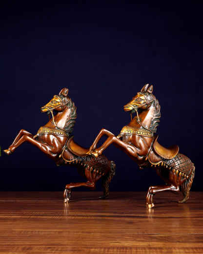 Pure Brass Pair of Horses with Raised Legs – Vintage Tone 11.5 inch each - Budhshiv.com