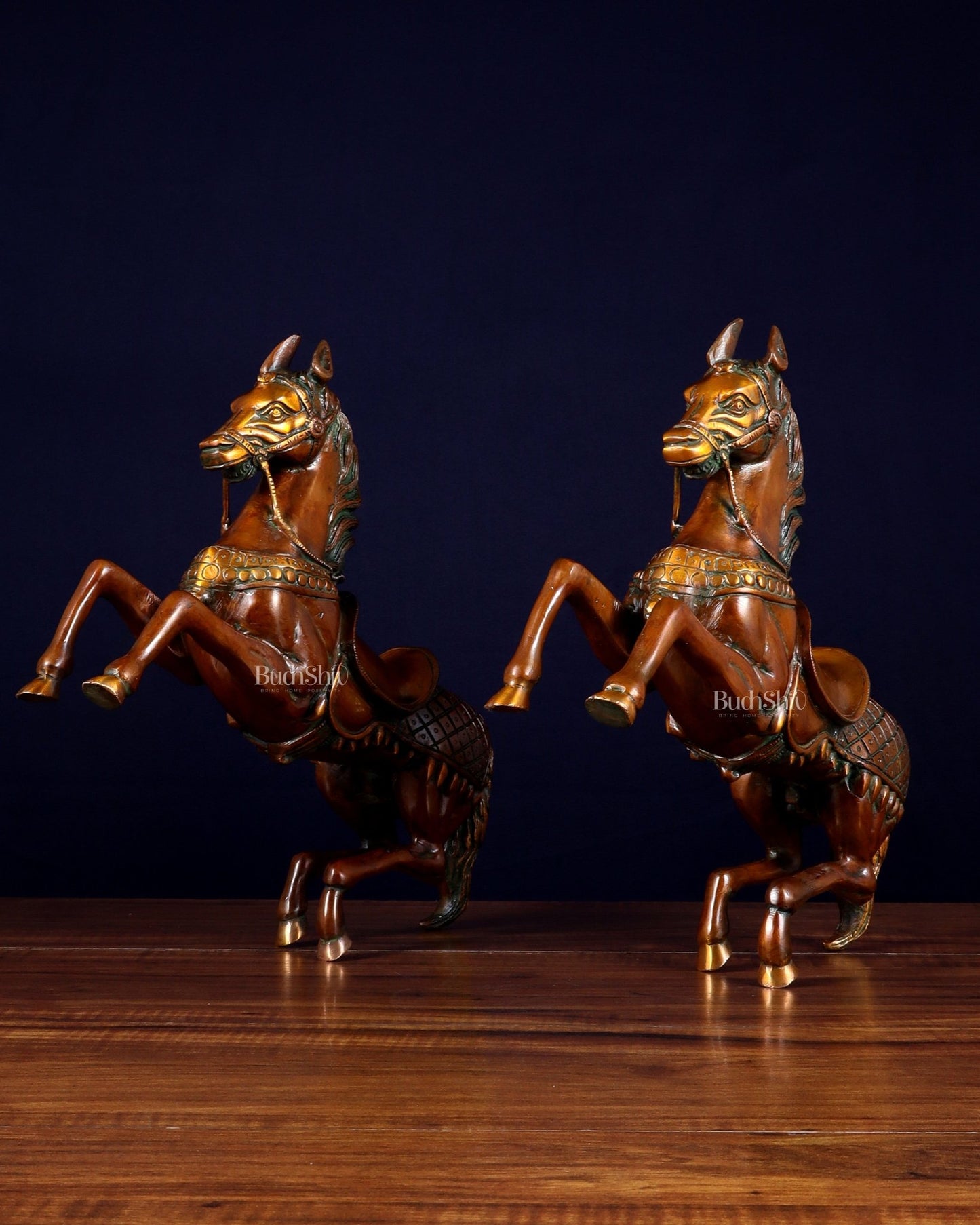 Pure Brass Pair of Horses with Raised Legs – Vintage Tone 11.5 inch each - Budhshiv.com