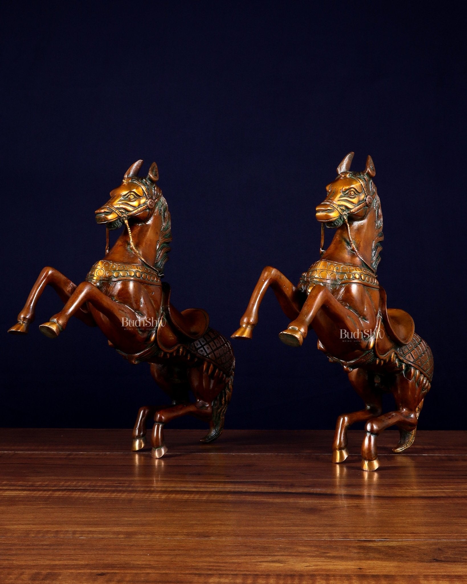 Pure Brass Pair of Horses with Raised Legs – Vintage Tone 11.5 inch each - Budhshiv.com