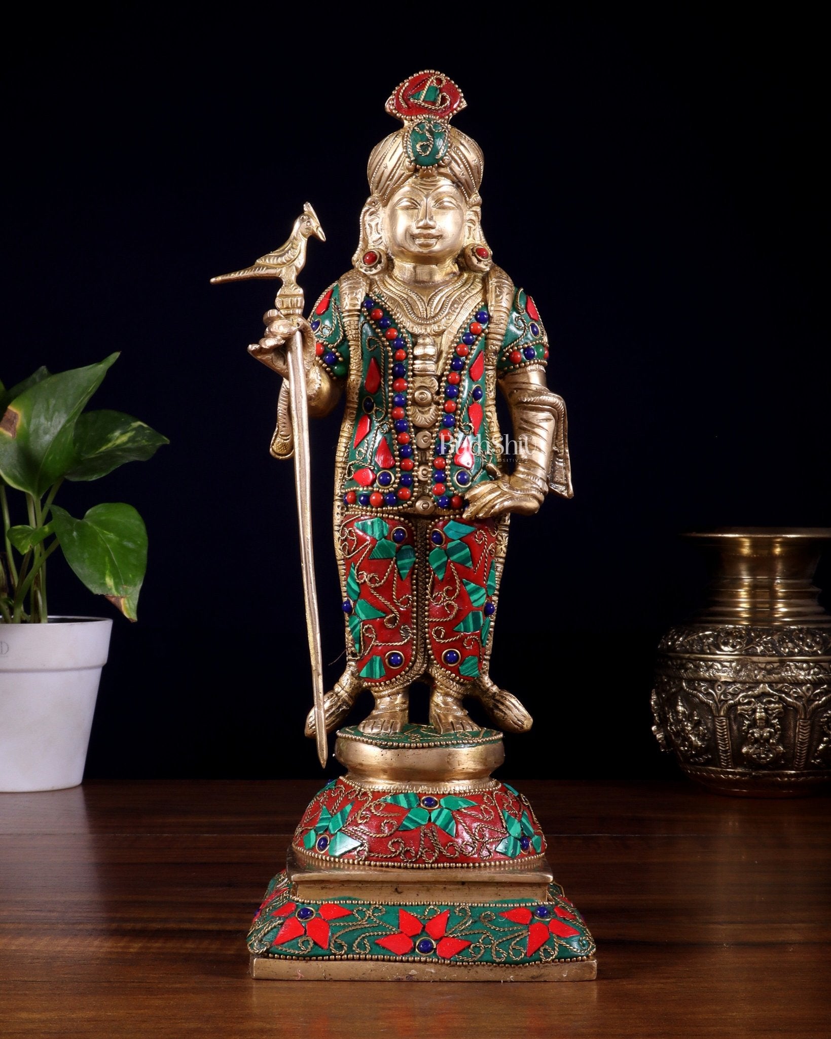 Pure Brass Palani Raja Alangaram Murugan Statue - 12" meenakari Stonework - Budhshiv.com