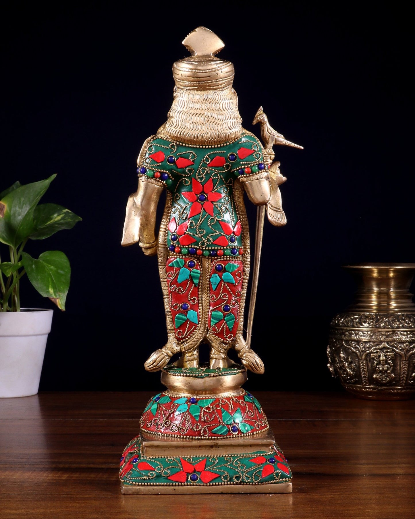Pure Brass Palani Raja Alangaram Murugan Statue - 12" meenakari Stonework - Budhshiv.com