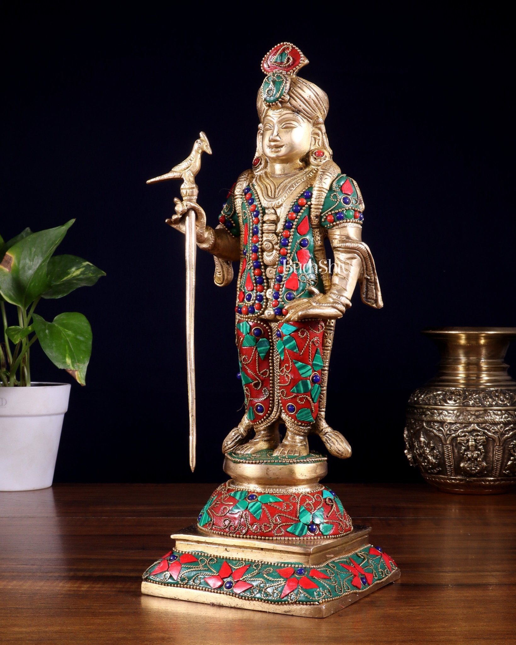 Pure Brass Palani Raja Alangaram Murugan Statue - 12" meenakari Stonework - Budhshiv.com