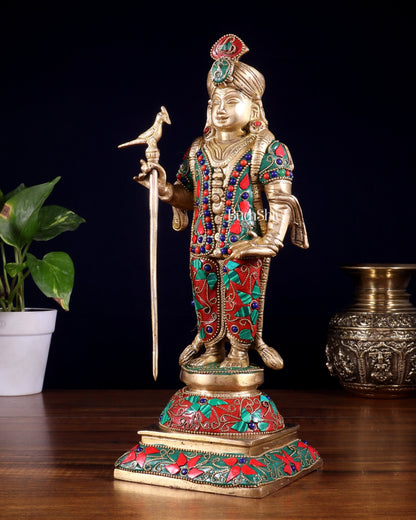 Pure Brass Palani Raja Alangaram Murugan Statue - 12" meenakari Stonework - Budhshiv.com