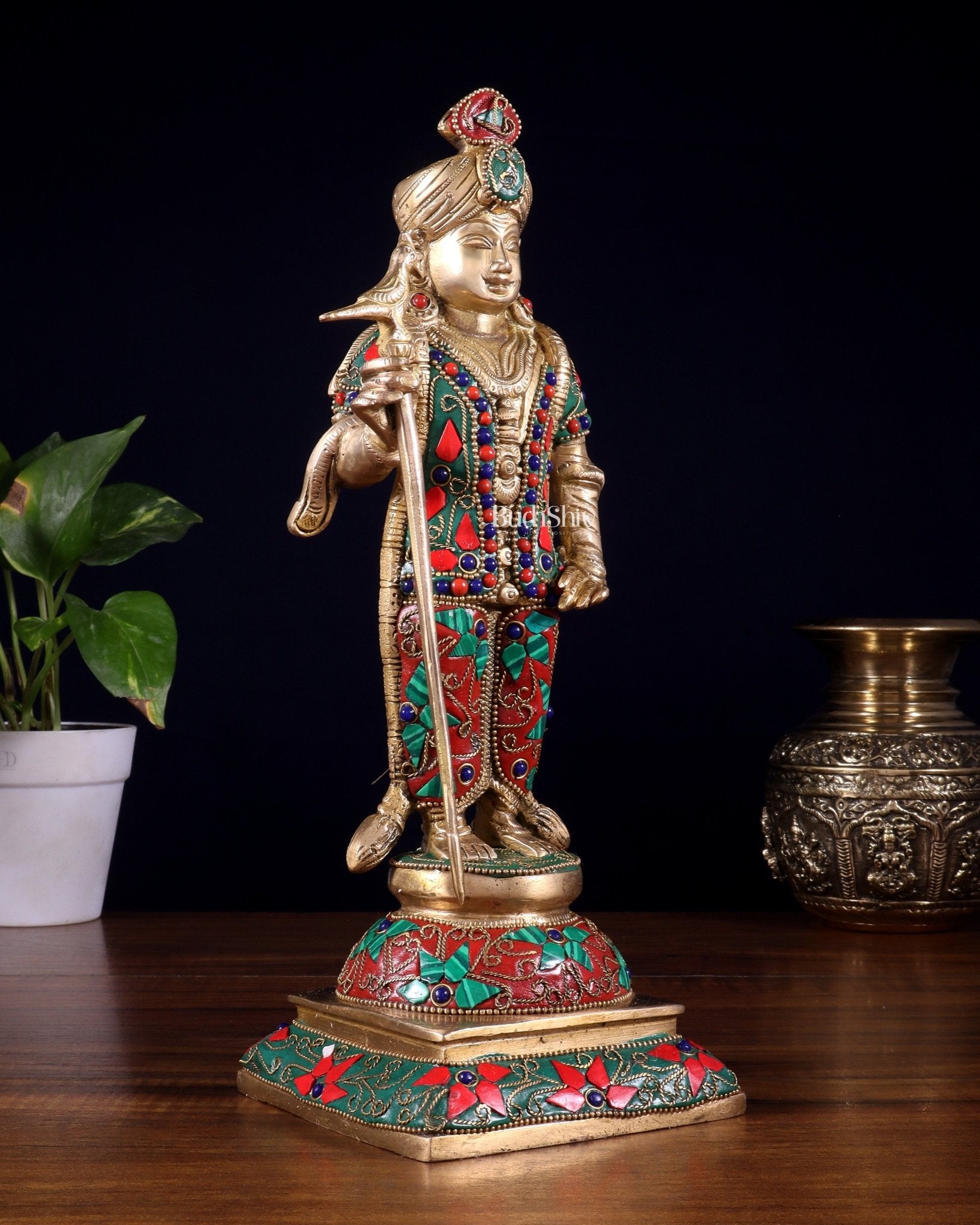 Pure Brass Palani Raja Alangaram Murugan Statue - 12" meenakari Stonework - Budhshiv.com