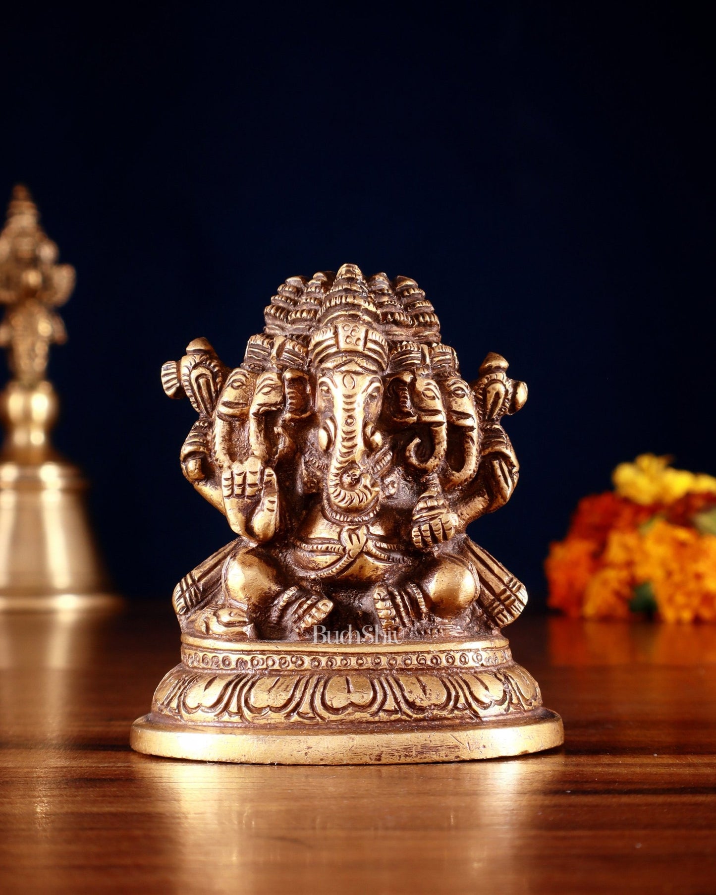Pure Brass Panchmukhi Ganapati Idol 3.5" - Budhshiv.com