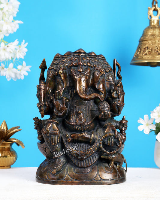 Pure Brass Panchmukhi Ganesha Statue 11" antique look - Budhshiv.com