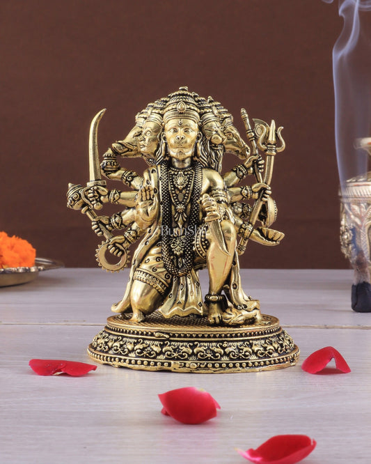 Pure Brass Panchmukhi Hanuman Idol - 4 inch golden tone - Budhshiv.com