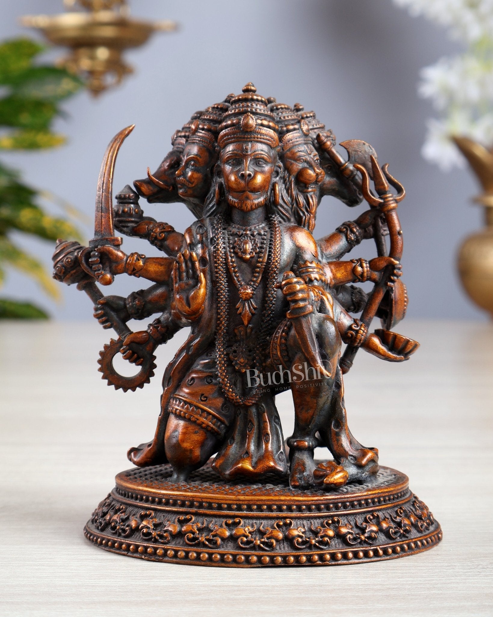 Pure Brass Panchmukhi Hanuman Idol - 4.5 inch chola brown tone - Budhshiv.com