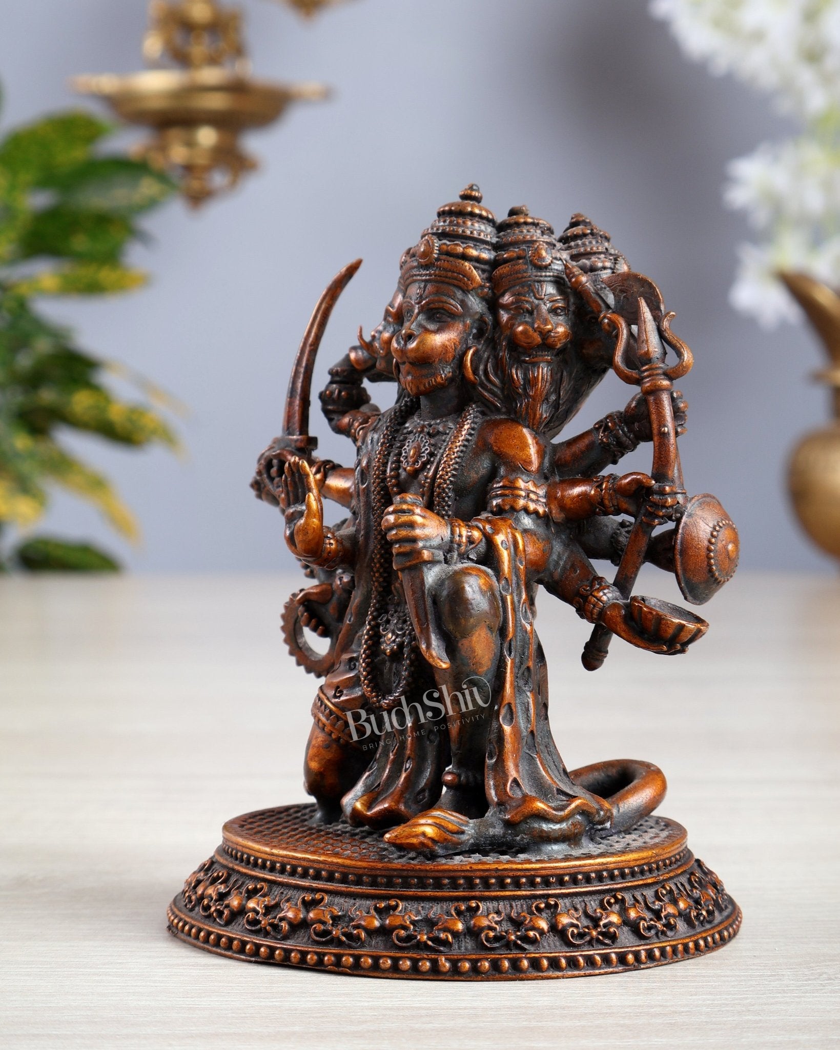 Pure Brass Panchmukhi Hanuman Idol - 4.5 inch chola brown tone - Budhshiv.com
