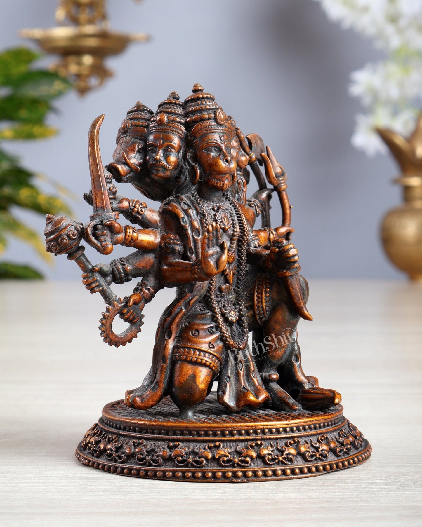 Pure Brass Panchmukhi Hanuman Idol - 4.5 inch chola brown tone - Budhshiv.com