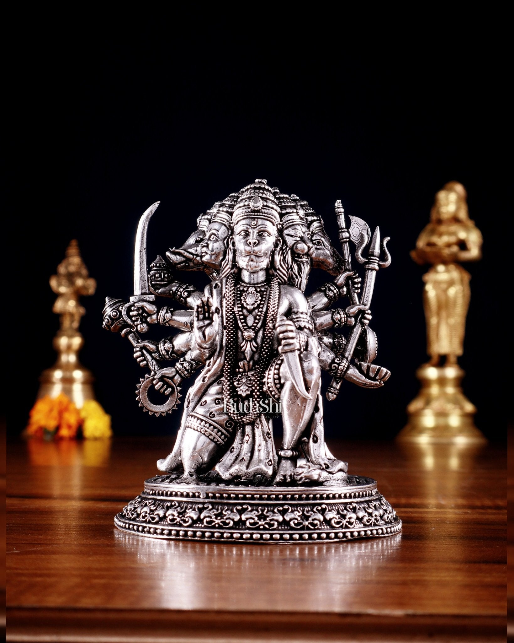 Pure Brass Panchmukhi Hanuman Idol - 4.5 inch silver plated - Budhshiv.com