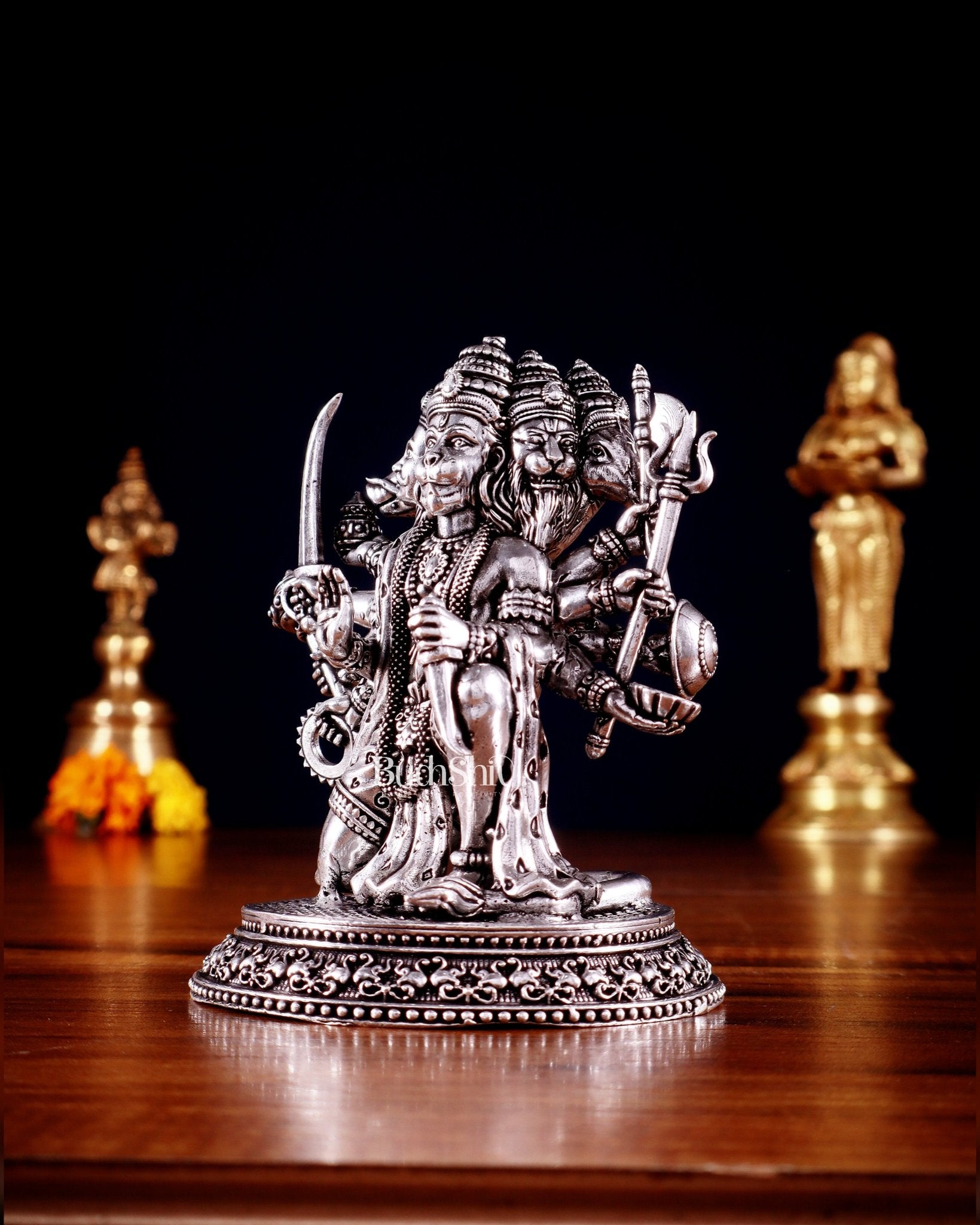 Pure Brass Panchmukhi Hanuman Idol - 4.5 inch silver plated - Budhshiv.com