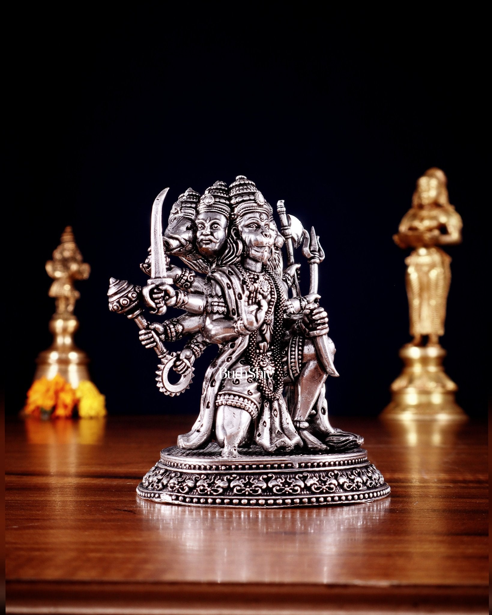 Pure Brass Panchmukhi Hanuman Idol - 4.5 inch silver plated - Budhshiv.com
