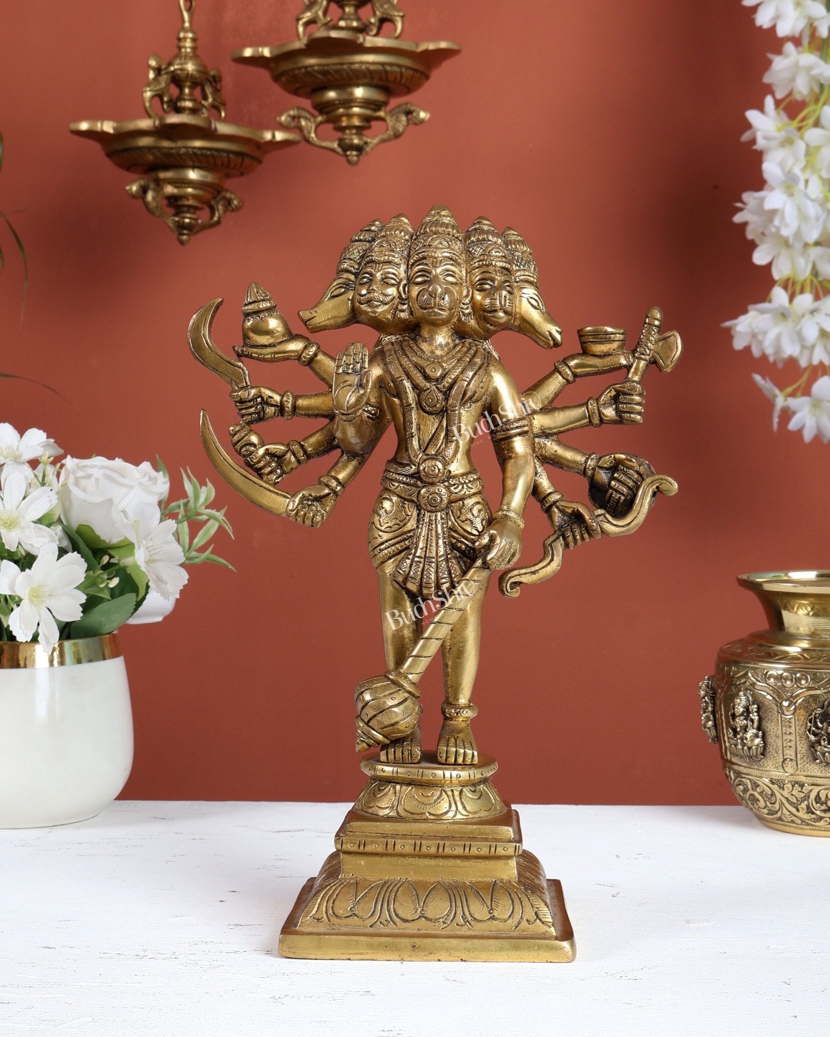 Pure Brass Panchmukhi Hanuman Standing Idol 11" - Budhshiv.com
