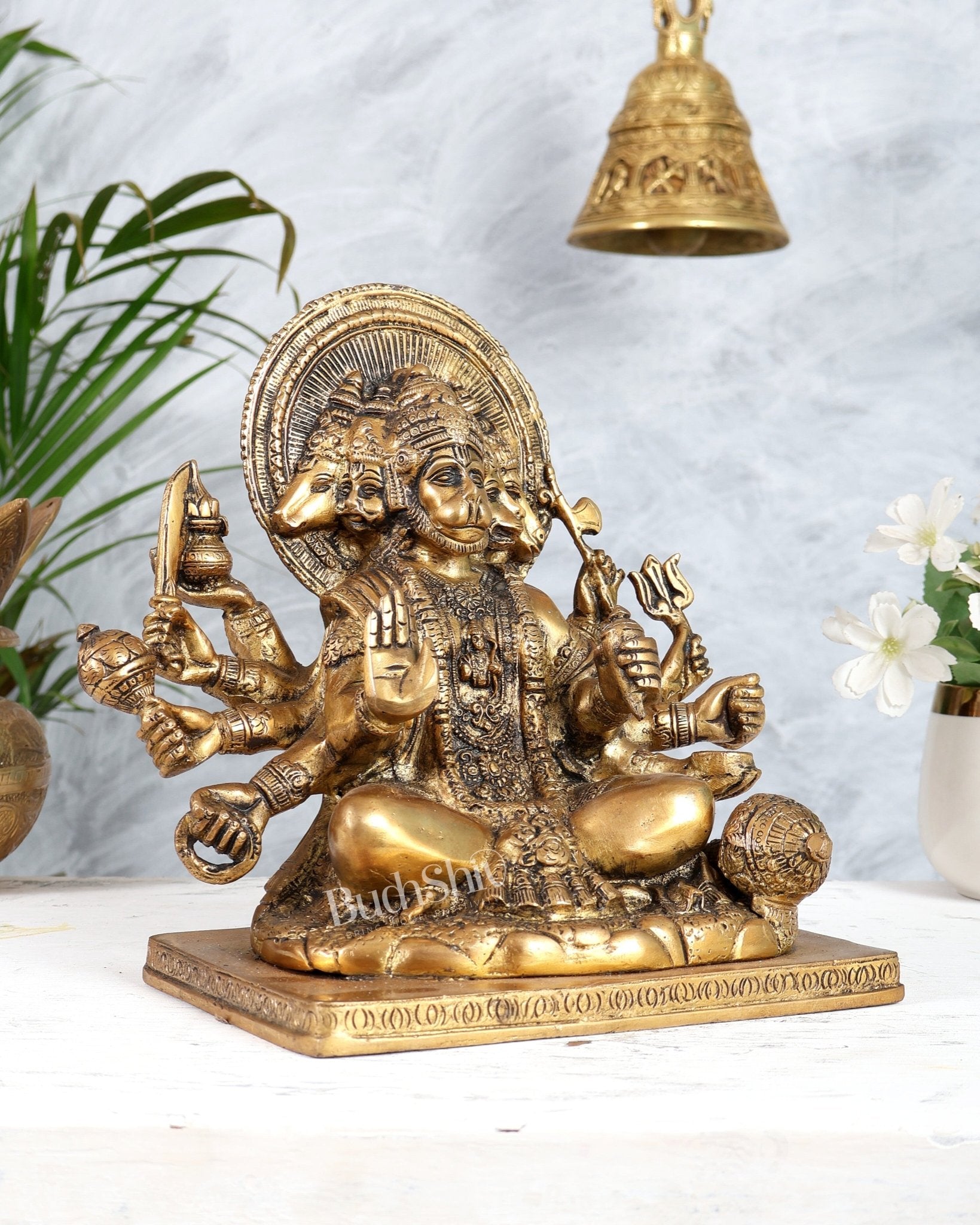 Pure Brass Panchmukhi Hanuman Statue - 10 inch antique tone - Budhshiv.com