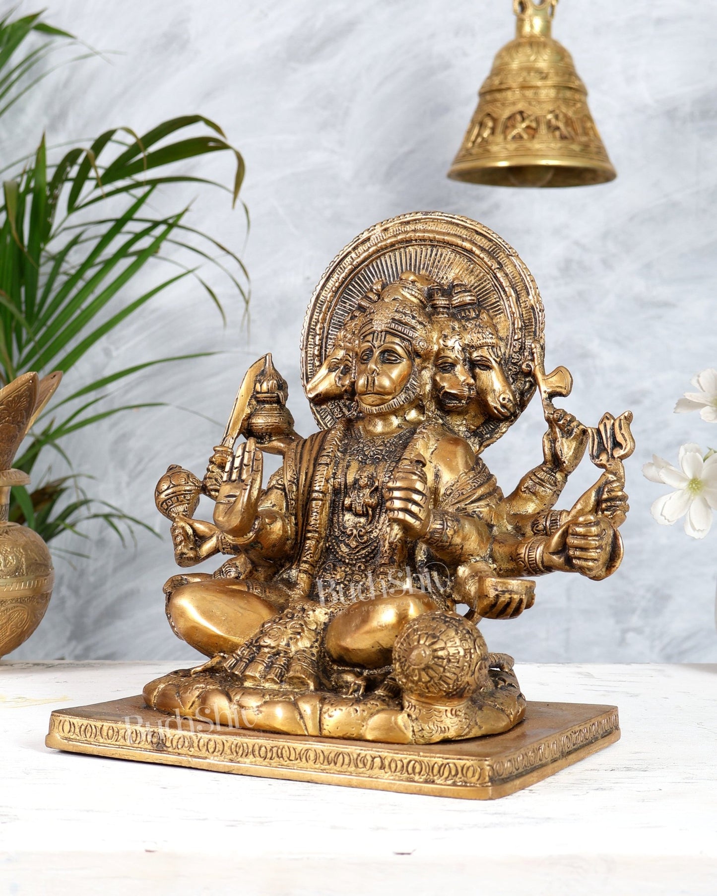 Pure Brass Panchmukhi Hanuman Statue - 10 inch antique tone - Budhshiv.com
