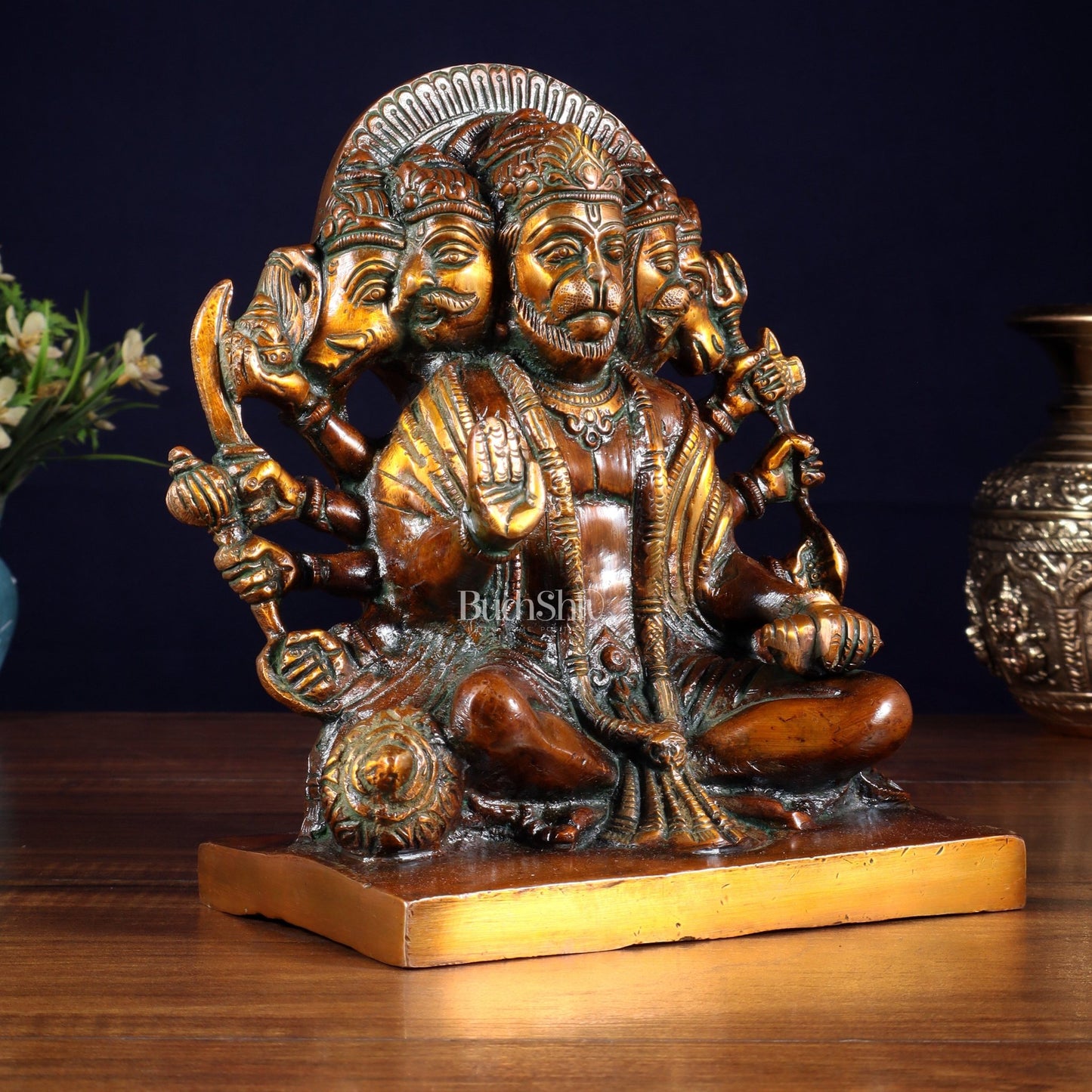 Pure Brass Panchmukhi Hanuman Statue – Chola Finish 7.5 Inch - Budhshiv.com
