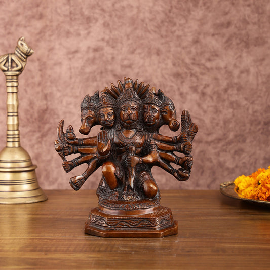 Pure Brass Panchmukhi Hanuman Statue | Deep Red Finish | 8 Inches - Budhshiv.com