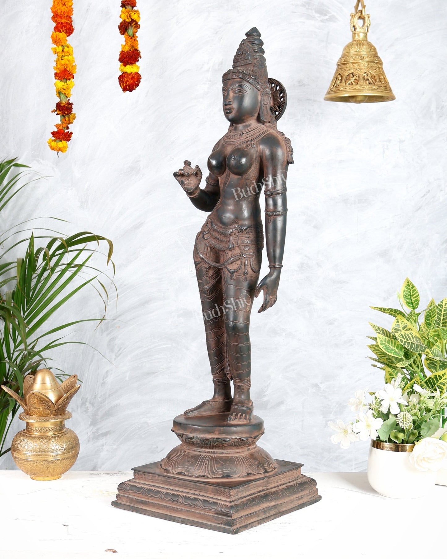 Pure Brass Parvati Bhoga Shakti Uma Devi Standing Sculpture – 27" Height, Chola Style - Budhshiv.com