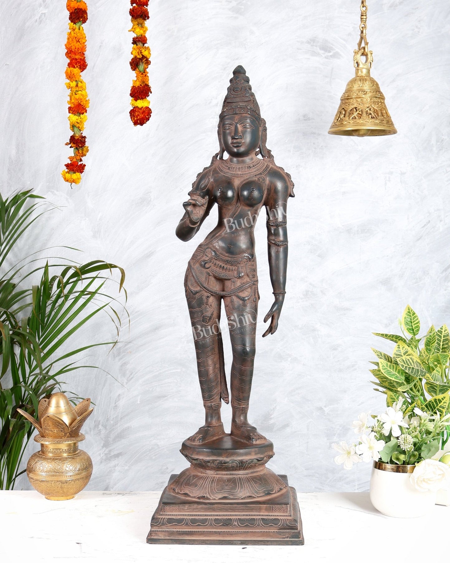 Pure Brass Parvati Bhoga Shakti Uma Devi Standing Sculpture – 27" Height, Chola Style - Budhshiv.com