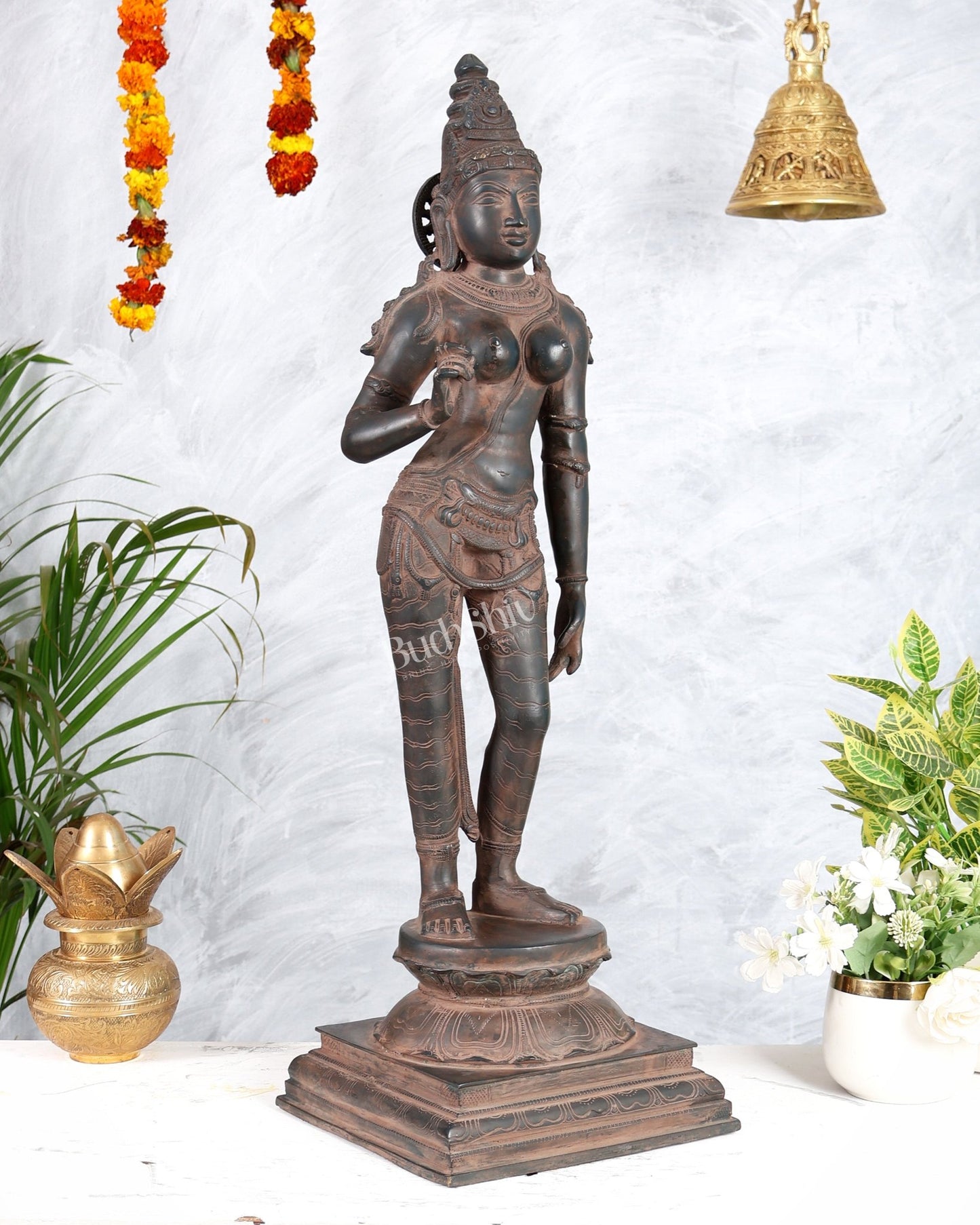 Pure Brass Parvati Bhoga Shakti Uma Devi Standing Sculpture – 27" Height, Chola Style - Budhshiv.com