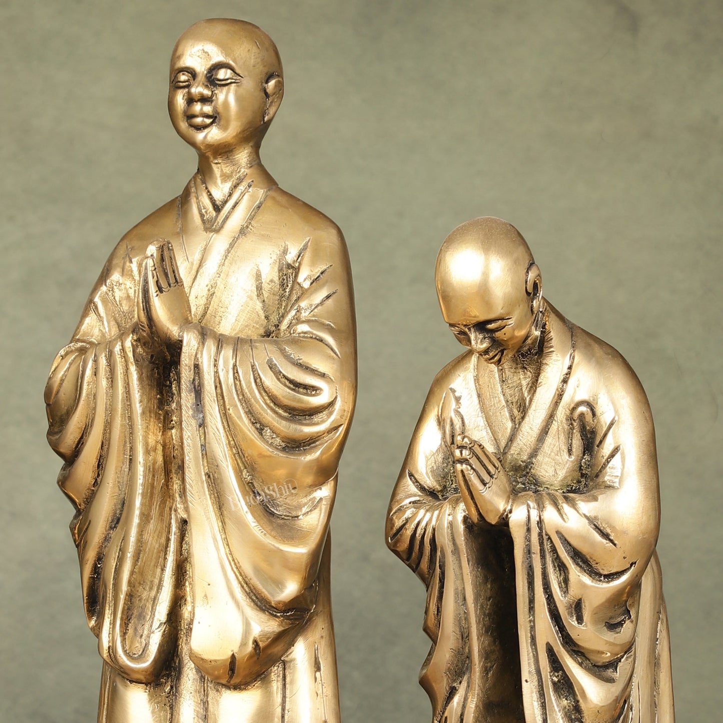 Pure Brass Peaceful Buddha Monk and Disciple Idol Set - 12 Inch - Budhshiv.com