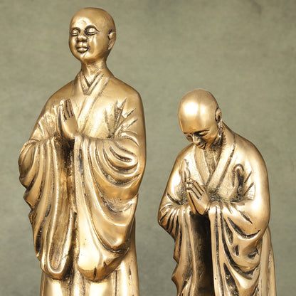 Pure Brass Peaceful Buddha Monk and Disciple Idol Set - 12 Inch - Budhshiv.com