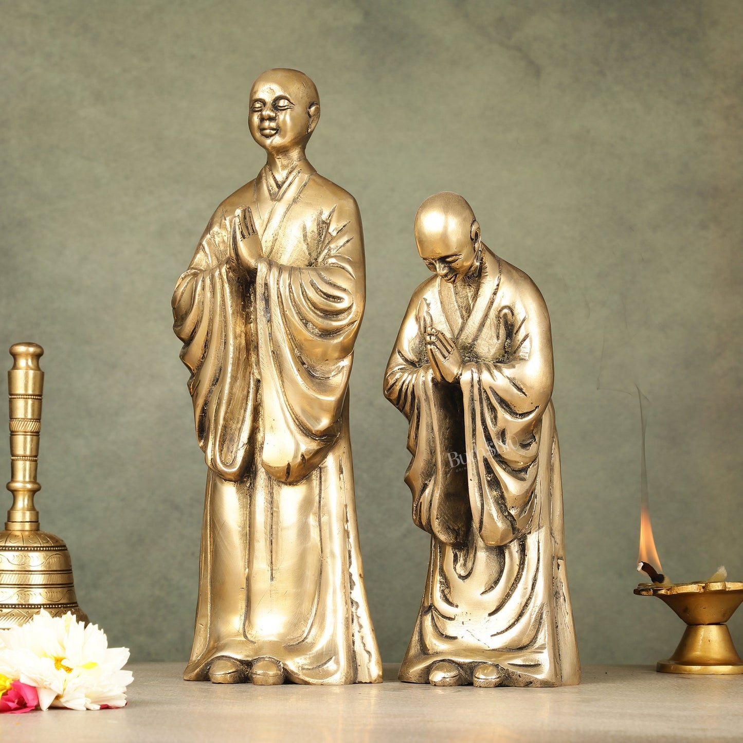 Pure Brass Peaceful Buddha Monk and Disciple Idol Set - 12 Inch - Budhshiv.com