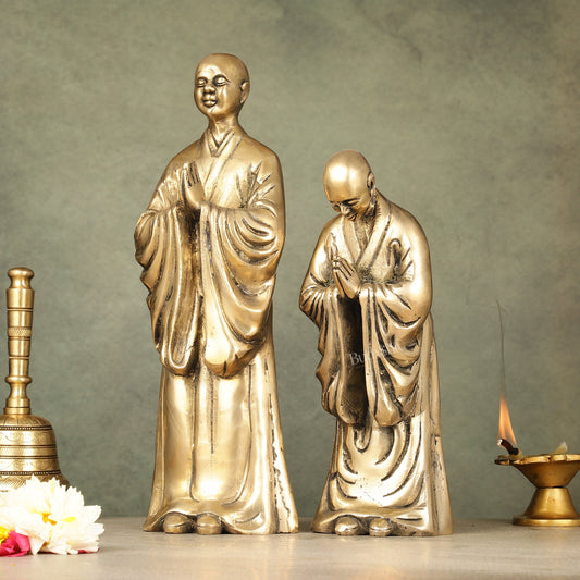 Pure Brass Peaceful Buddha Monk and Disciple Idol Set - 12 Inch - Budhshiv.com