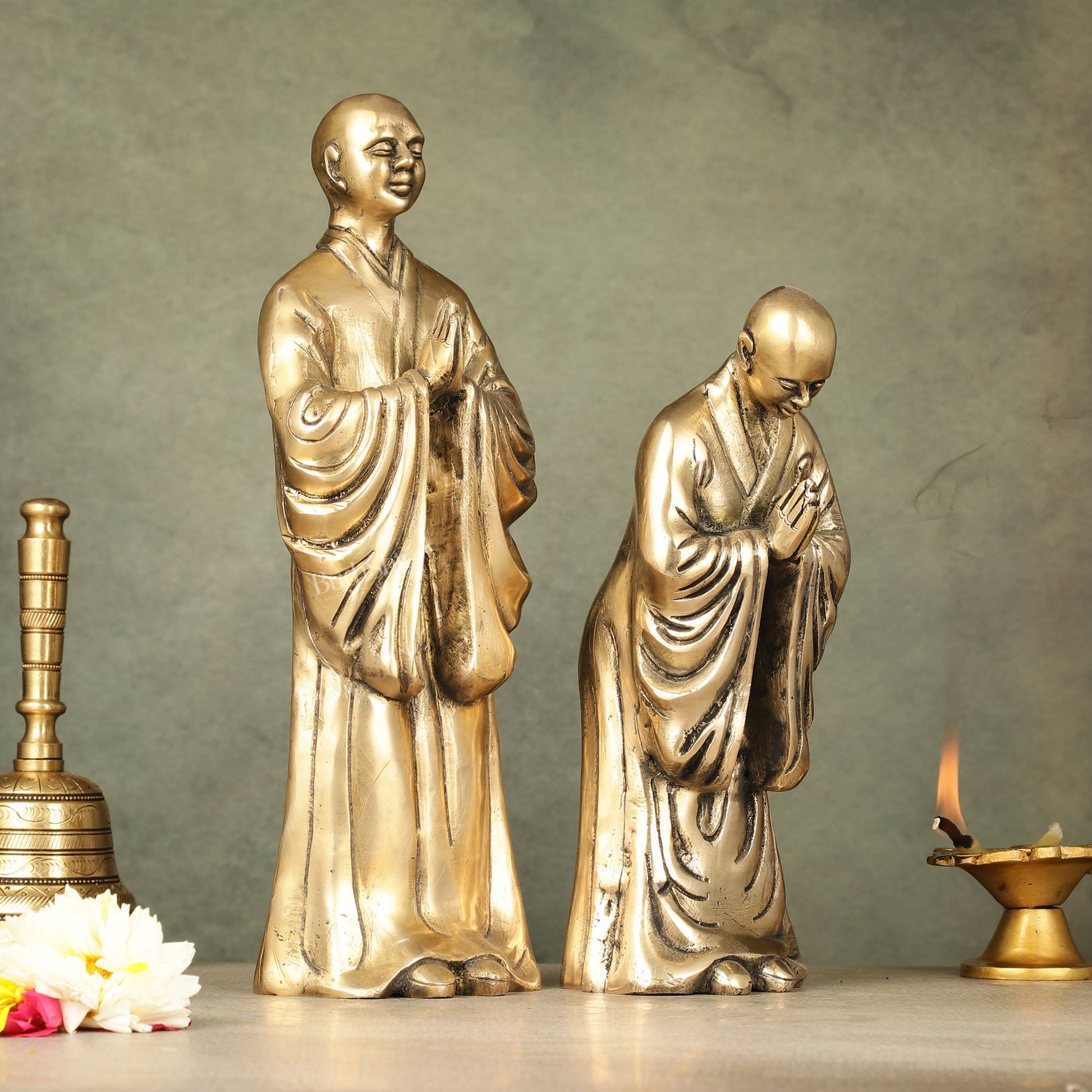 Pure Brass Peaceful Buddha Monk and Disciple Idol Set - 12 Inch - Budhshiv.com