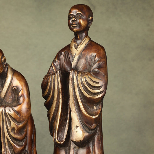 Pure Brass Peaceful Buddha Monk and Disciple Idol Set - 12 Inch - Budhshiv.com