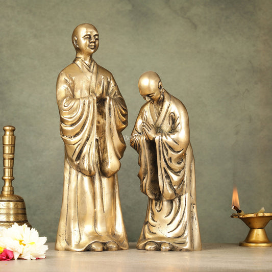 Pure Brass Peaceful Buddha Monk and Disciple Idol Set - 12 Inch - Budhshiv.com