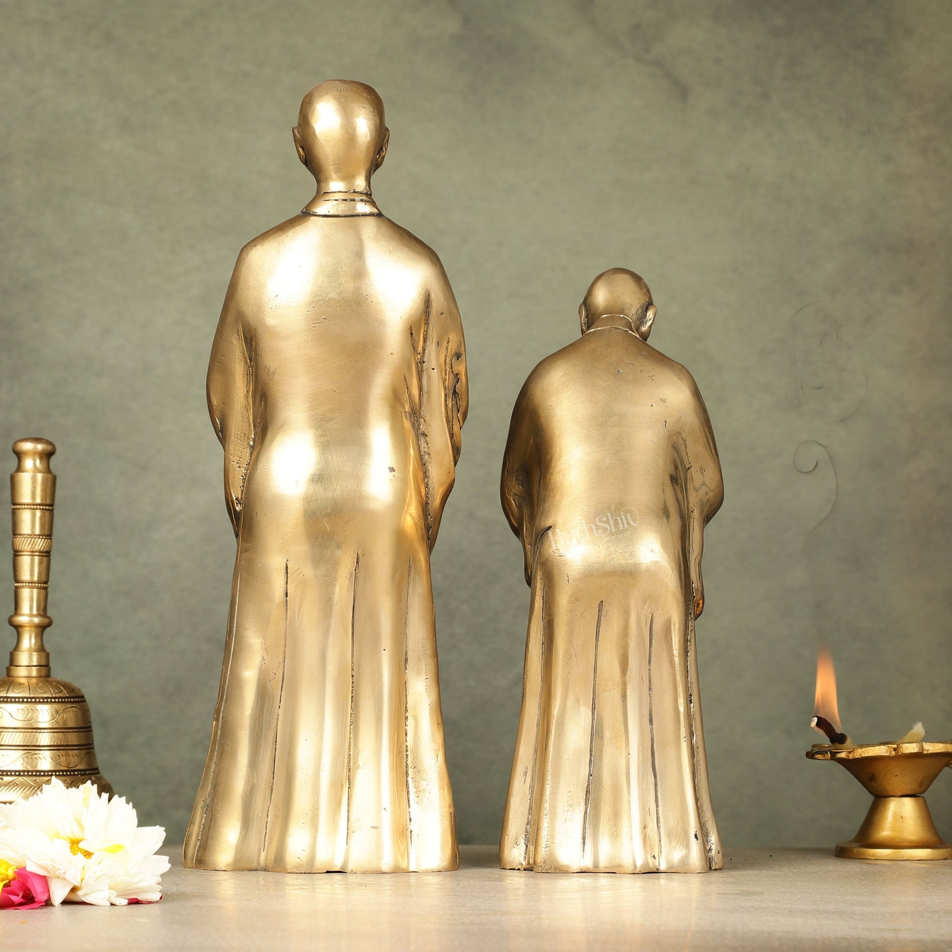 Pure Brass Peaceful Buddha Monk and Disciple Idol Set - 12 Inch - Budhshiv.com