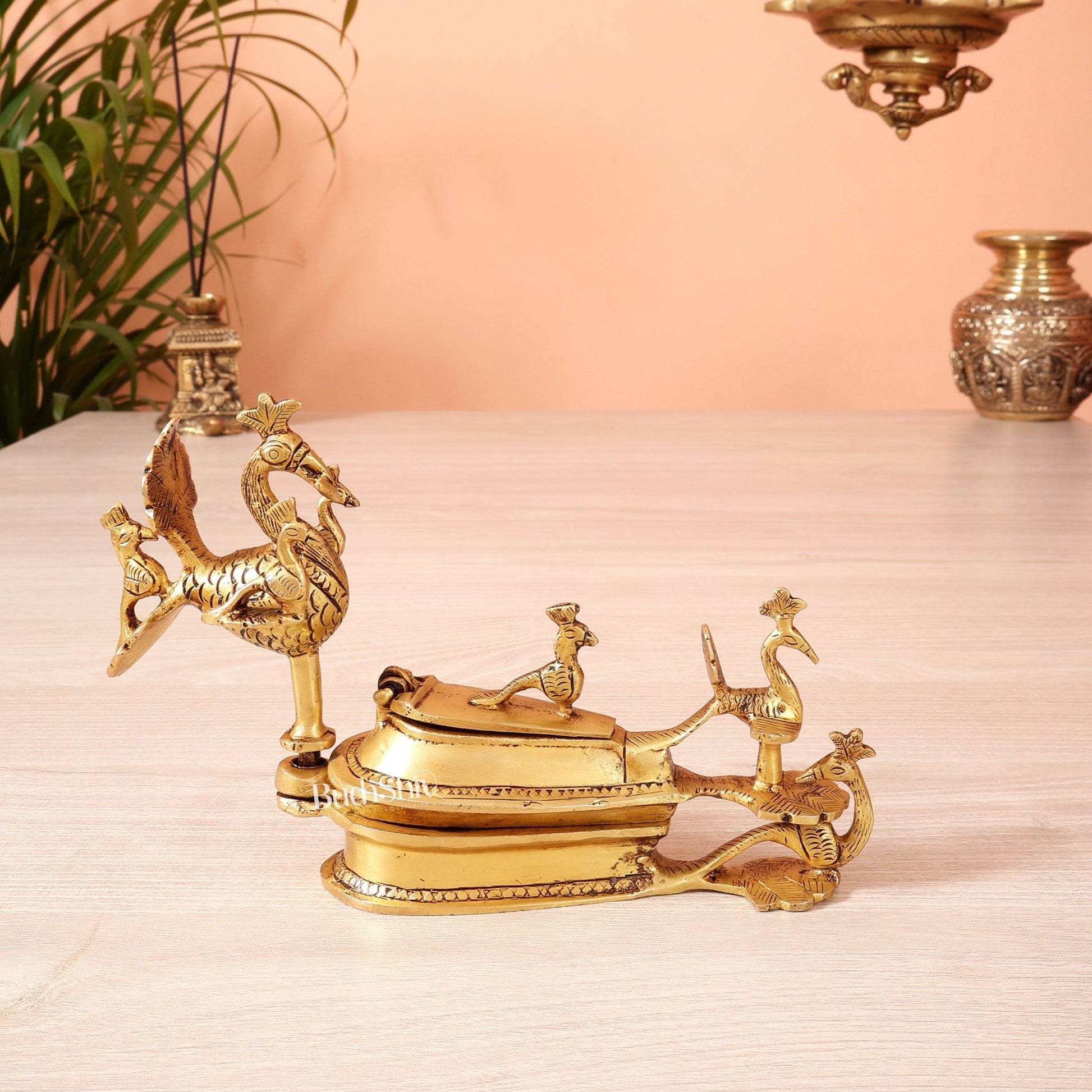 Pure Brass Peacock Kumkum Sindoor Box – Auspicious Traditional Pooja Accessory (7 Inch) - Budhshiv.com