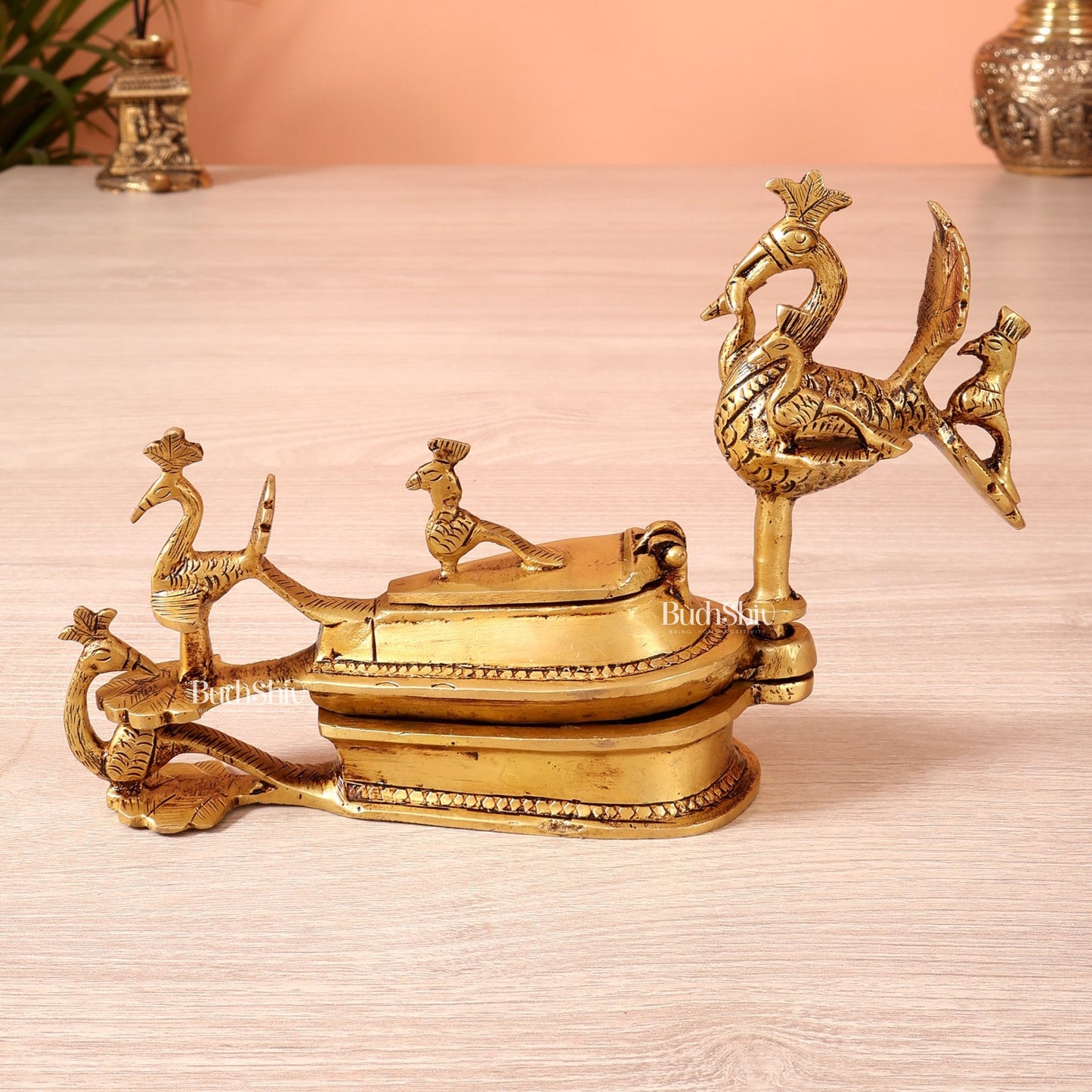 Pure Brass Peacock Kumkum Sindoor Box – Auspicious Traditional Pooja Accessory (7 Inch) - Budhshiv.com