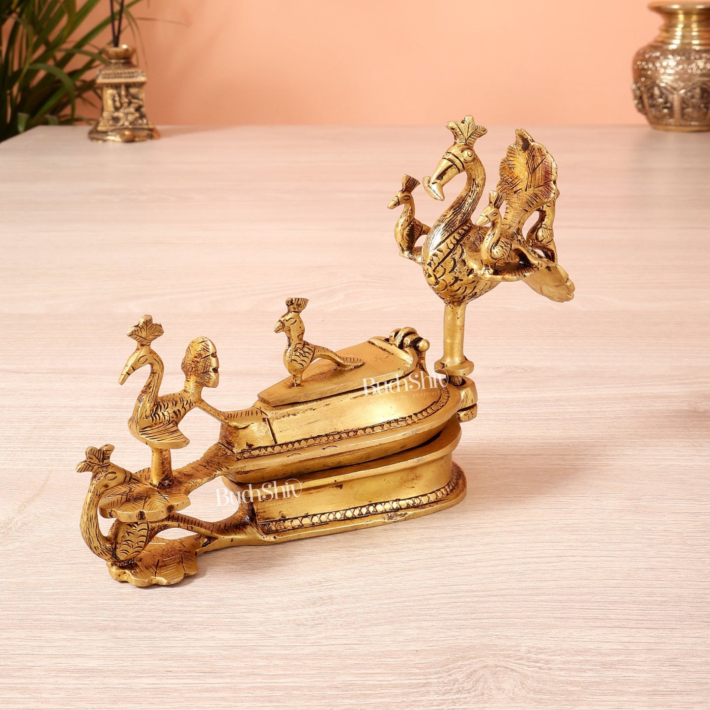 Pure Brass Peacock Kumkum Sindoor Box – Auspicious Traditional Pooja Accessory (7 Inch) - Budhshiv.com