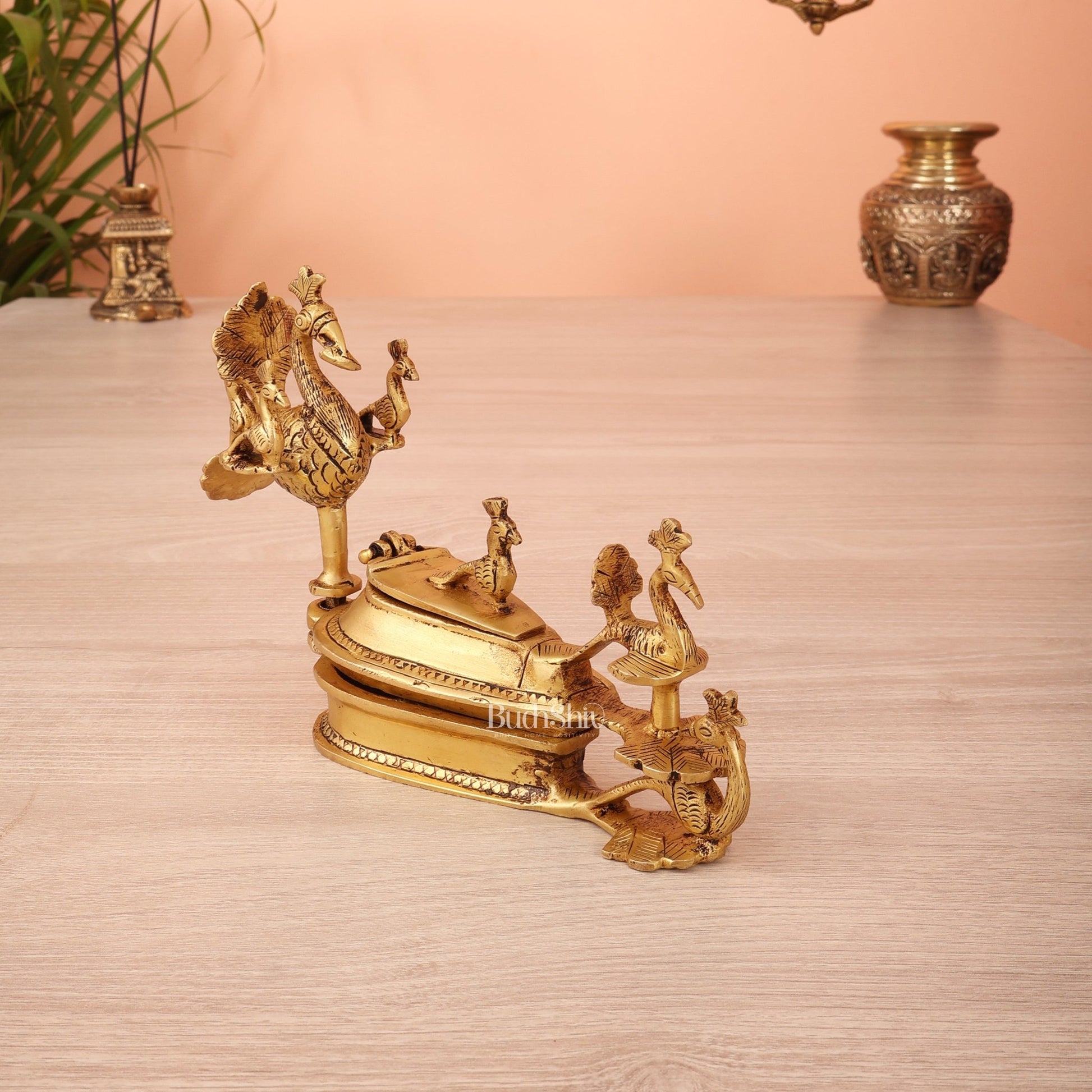 Pure Brass Peacock Kumkum Sindoor Box – Auspicious Traditional Pooja Accessory (7 Inch) - Budhshiv.com