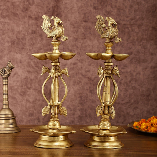 Pure Brass Peacock Kutthu Villakku Oil Lamp | 14.5 - inch Tall, - Budhshiv.com